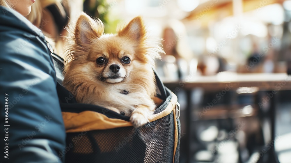Closeup of a cute small dog with brown fluffy fur peering out from inside a pet carrier while surrounded by a blurred background Closeup of a cute small dog with brown fluffy fur peering out from inside a pet carrier while surrounded by a blurred background