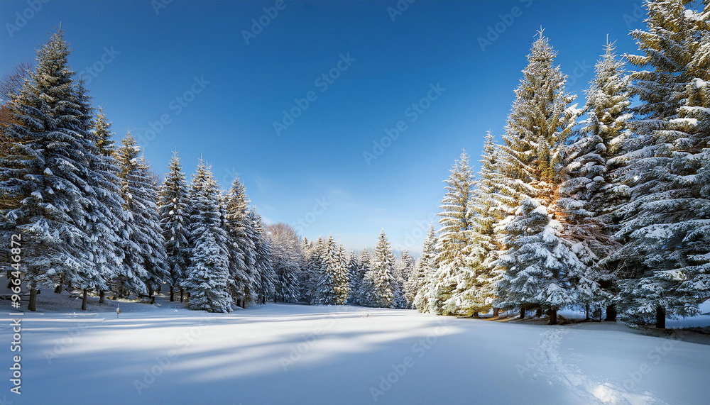 Fototapeta premium Snow covered trees in a winter wonderland. Bathed in sunlight. Cold white snow meets blue skies. Creating a serene setting. Glistening frost on pine branches. Perfect for a tranquil winter adventure