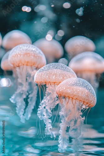 Three pink jellyfish gracefully swimming in clear ocean water under bright sunlight