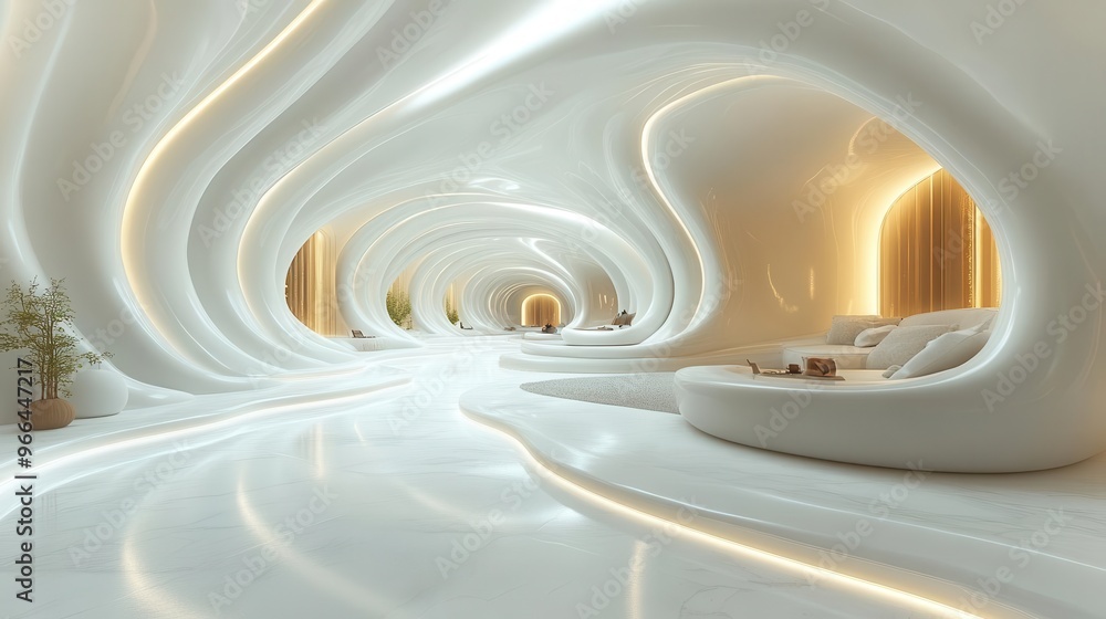 Obraz premium futuristic white environment with clean lines and curved surfaces soft ambient lighting creates subtle shadows emphasizing sleek minimalist aesthetic hitech sterile atmosphere