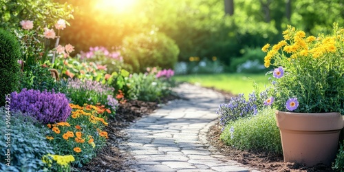 Fototapeta Naklejka Na Ścianę i Meble -  Colorful garden pathway in sunlight with vibrant flowers and lush greenery during springtime
