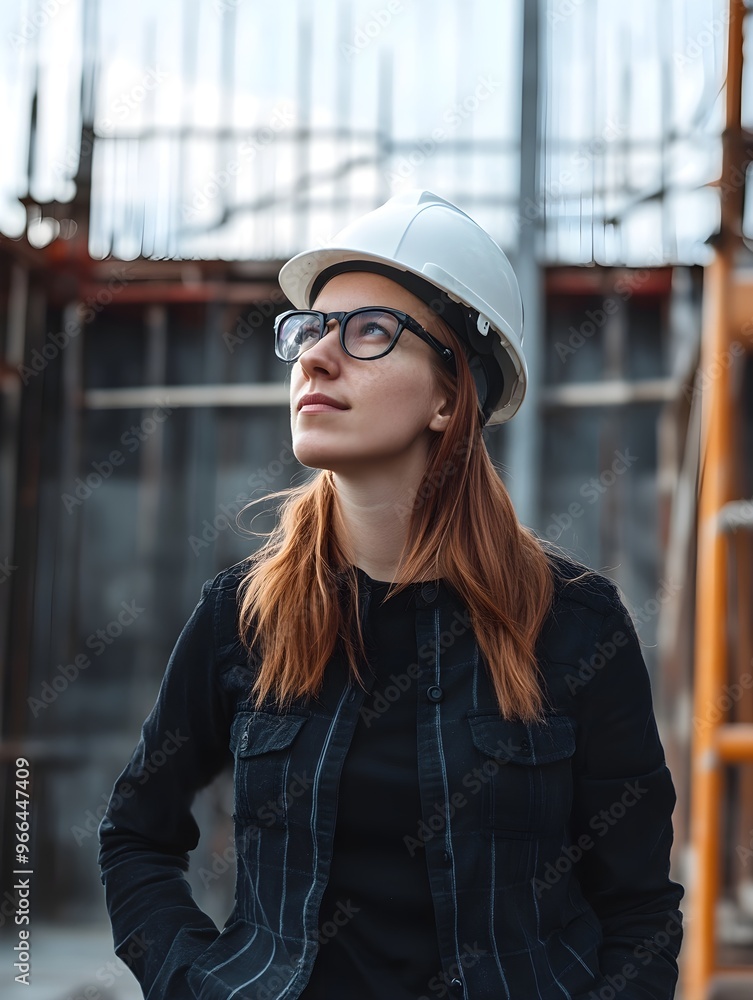 Female Engineer Wearing a Hardhat, Inspecting Construction Site, Looking Confident Female Engineer Wearing a Hardhat, Inspecting Construction Site, Looking Confident