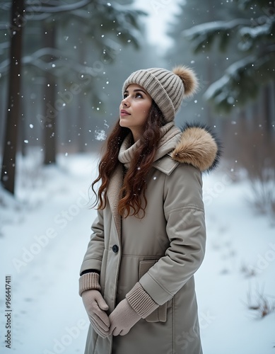 Fashion model in furlined coat gloves  beanie standing in serene snowy pine forest photo