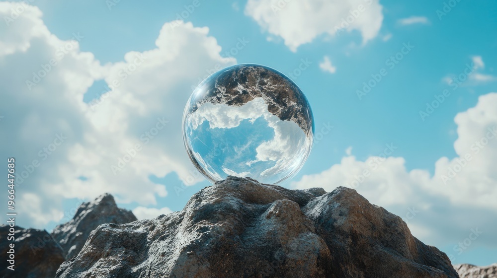 Close-up of crystal ball on rock against sky Close-up of crystal ball on rock against sky
