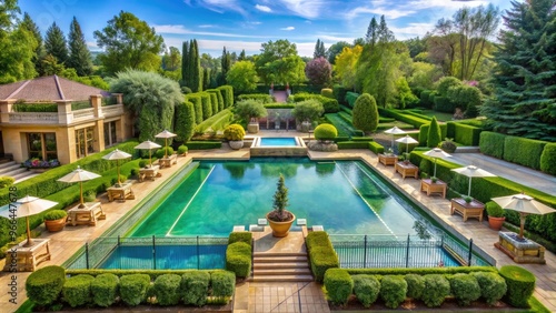 Lush greenery surrounds a lavish swimming pool with ornate water features, overlooking a sprawling tennis court in a picturesque mansion's expansive backyard oasis. photo