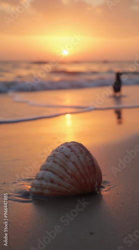 Sonnenuntergang am Strand mit Muschel und Spielzeugpferd photo