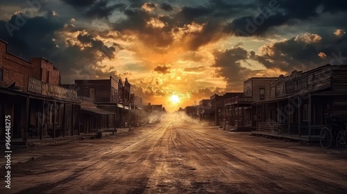 An old western town at sunset with dusty streets and vintage buildings