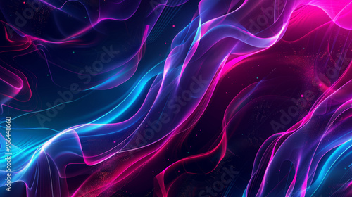 Glowing neon lines: Bright 3D elements in the form of glowing lines and shapes that create a futuristic effect.