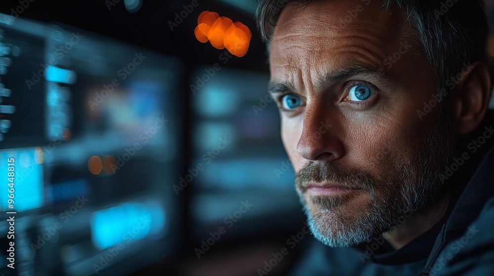 Cybersecurity expert analyzes data in a high-tech control room during a critical operation Cybersecurity expert analyzes data in a high-tech control room during a critical operation