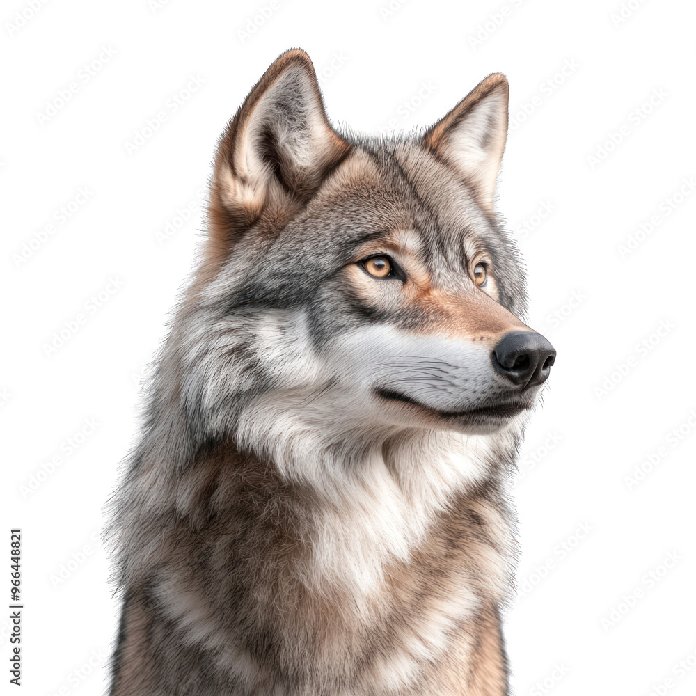 Obraz premium A majestic wolf portrait showcasing its striking features and captivating gaze in a natural setting. transparent background