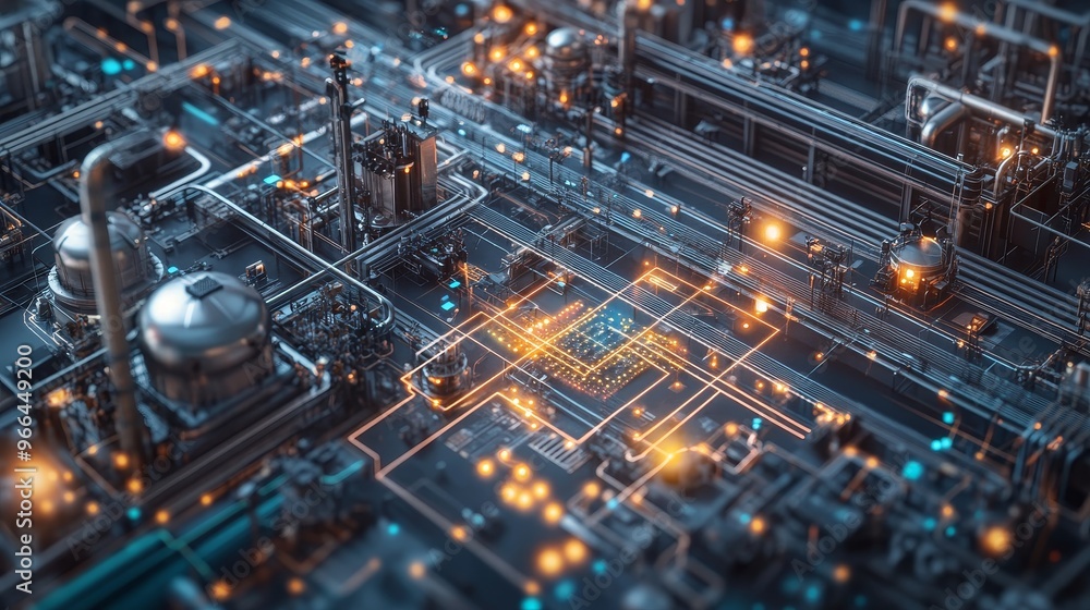 Fototapeta premium A detailed view of a futuristic industrial circuit board with glowing elements, representing advanced technology.