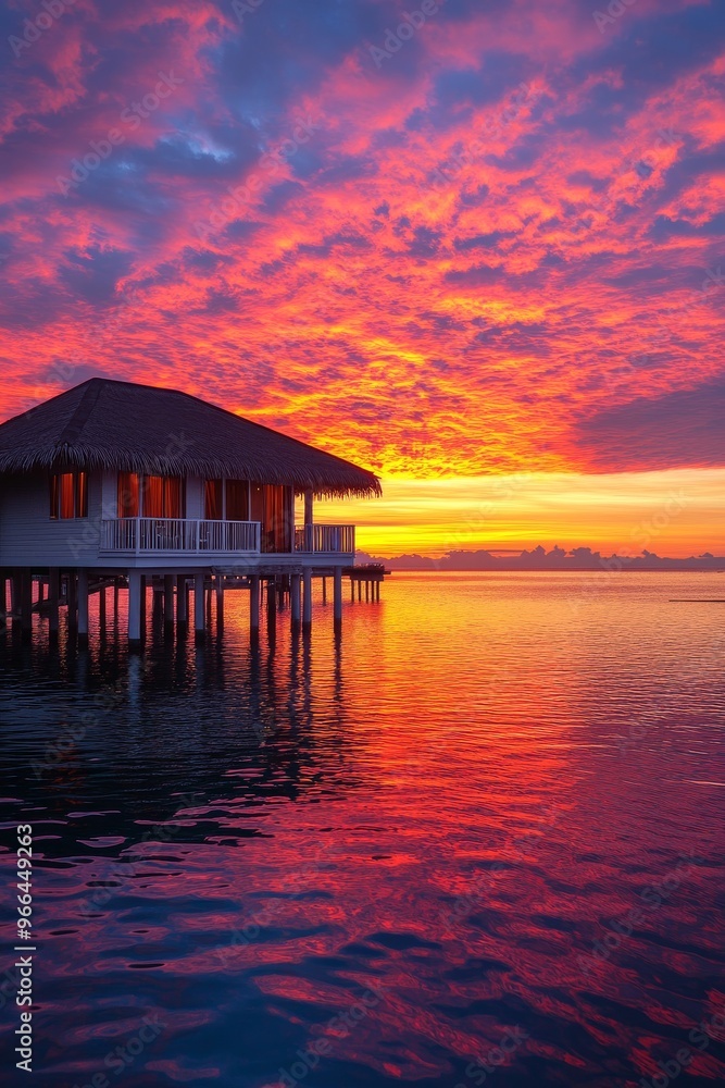 Beautiful sunset over water bungalows in a serene tropical location during twilight Beautiful sunset over water bungalows in a serene tropical location during twilight