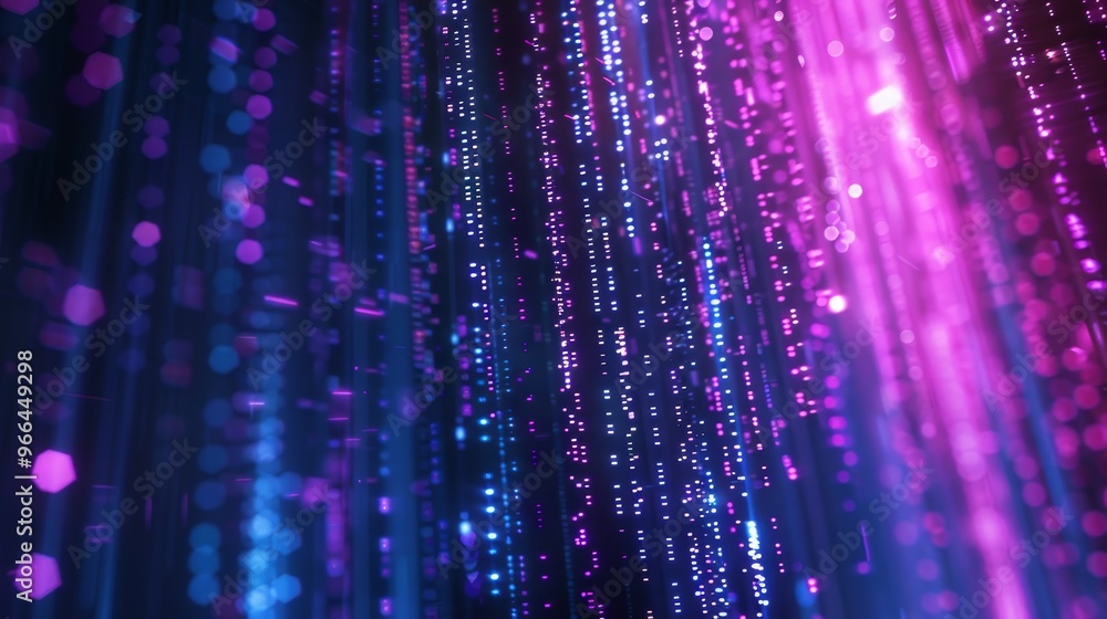 Digital art of blue and purple vertical light lines with glitch effects like raindrops falling Digital art of blue and purple vertical light lines with glitch effects like raindrops falling