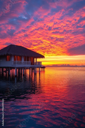 Beautiful sunset over water bungalows in a serene tropical location during twilight