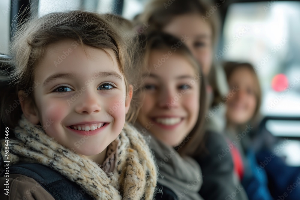 Smiling girl with her parents riding in bus the morning with other people. Background with copy space on the right. Smiling girl with her parents riding in bus the morning with other people. Background with copy space on the right.