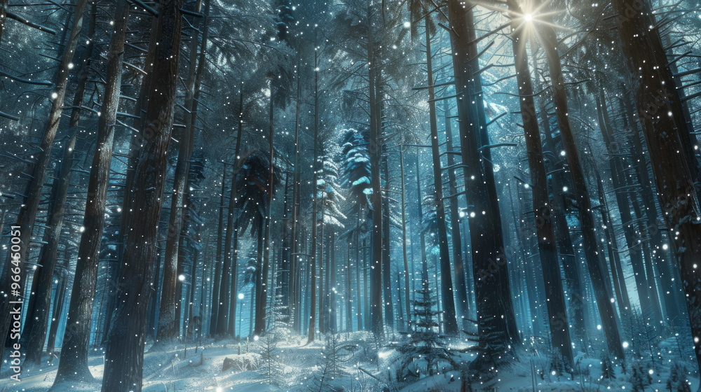 Winter Forest: A serene winter forest scene with tall pine trees covered in snow, soft light filtering through the branches, and a hint of twinkling stars. Winter Forest: A serene winter forest scene with tall pine trees covered in snow, soft light filtering through the branches, and a hint of twinkling stars.