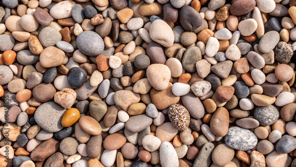 Assorted smooth pebbles texture, natural stones, close-up background, earthy tones with copy space Assorted smooth pebbles texture, natural stones, close-up background, earthy tones with copy space