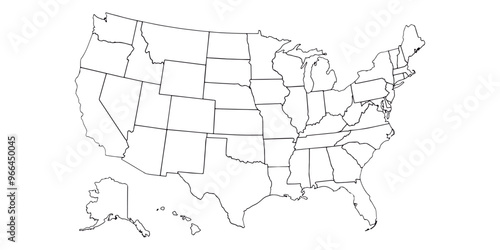 State-by-state vector divided map of the United States of America in a simple black line style, for drawing. Coloring page of the United States.
