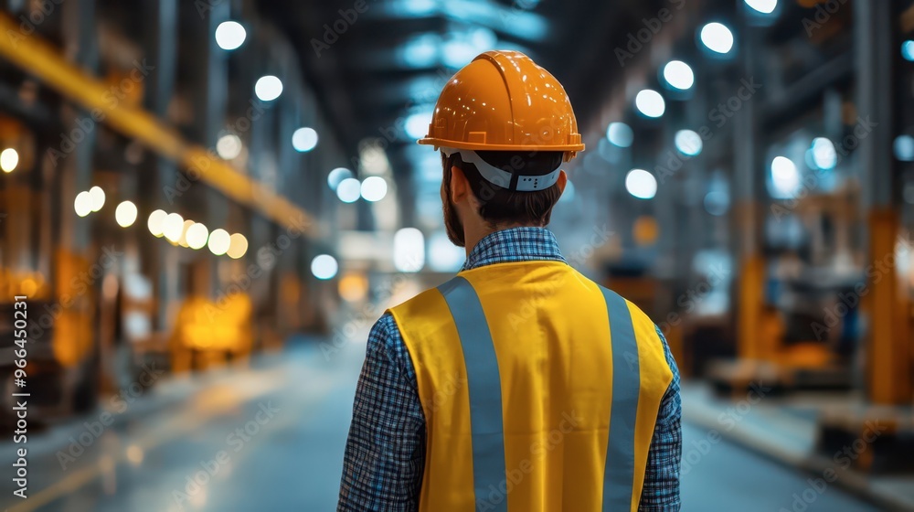 Worker in safety gear observing industrial warehouse operations Worker in safety gear observing industrial warehouse operations