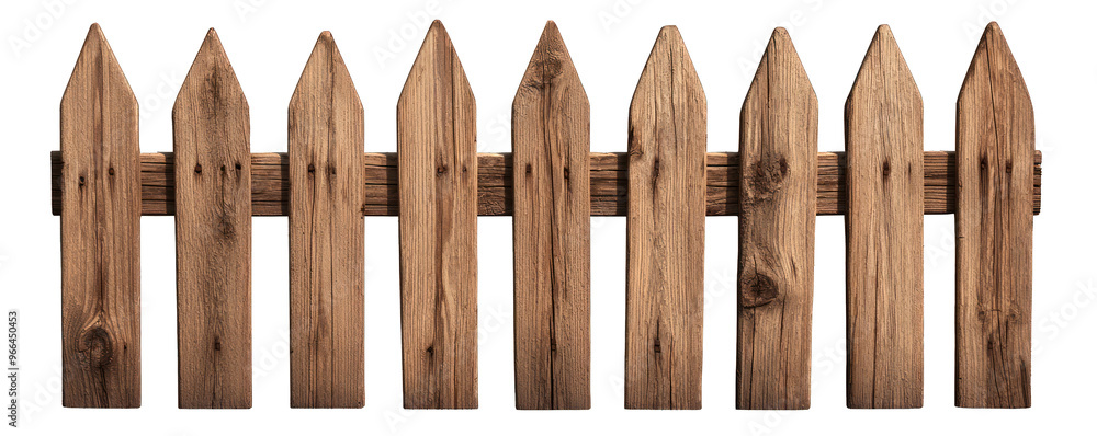 A rustic wooden fence with pointed tops, perfect for adding charm to gardens or homes with a classic touch. transparent background
