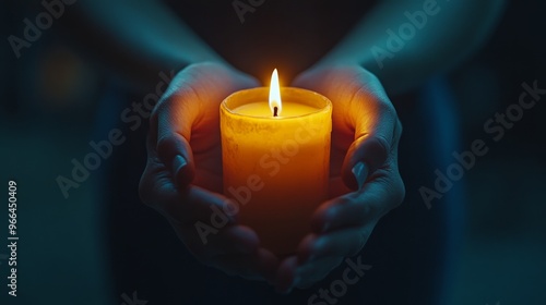 Person holding a lit candle in hands during evening, creating a warm and serene atmosphere