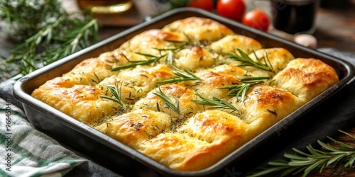 Freshly baked focaccia bread topped with rosemary on a wooden cutting board in a cozy kitchen