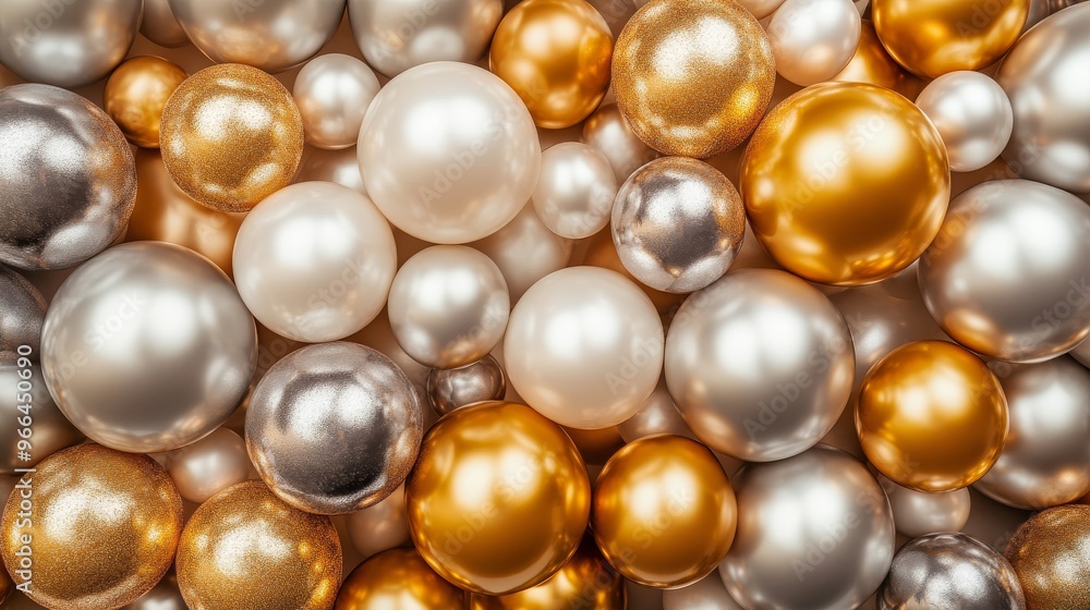 A vibrant collection of golden, silver, and white decorative spheres arranged artistically A vibrant collection of golden, silver, and white decorative spheres arranged artistically