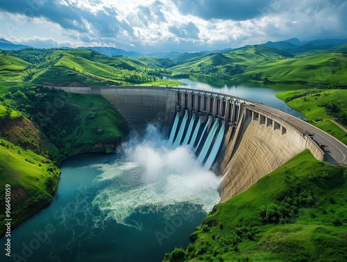 majestic hydroelectric dam with cascading water surrounded by lush green landscape photo