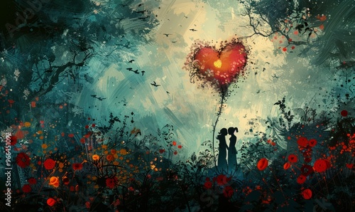 A mystical, romantic day, a silhouette of a couple in love in the distance and a heart-shaped flower, in a whimsical garden photo