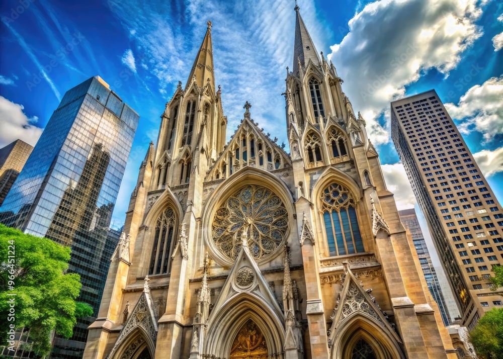 Majestic Neo-Gothic cathedral with intricate stonework, stunning stained-glass windows, and towering spires set against a vibrant blue sky in Midtown Manhattan. Majestic Neo-Gothic cathedral with intricate stonework, stunning stained-glass windows, and towering spires set against a vibrant blue sky in Midtown Manhattan.
