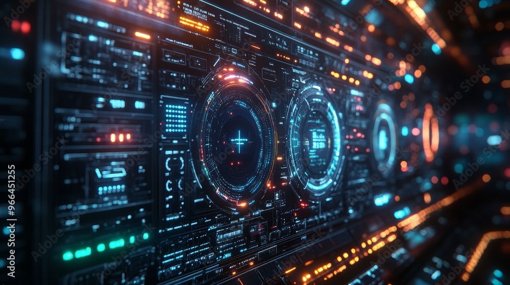 Fototapeta premium Holographic firewall system actively blocking threats in a futuristic digital environment