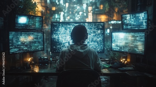 Futuristic hacker working diligently on a holographic keyboard amidst glowing computer screens