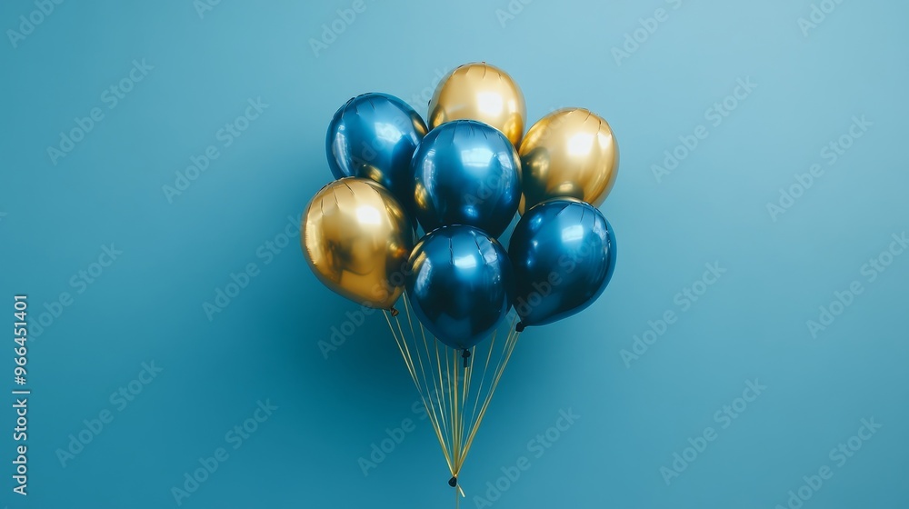 Colorful balloons in blue and gold hues floating against a vibrant blue background Colorful balloons in blue and gold hues floating against a vibrant blue background