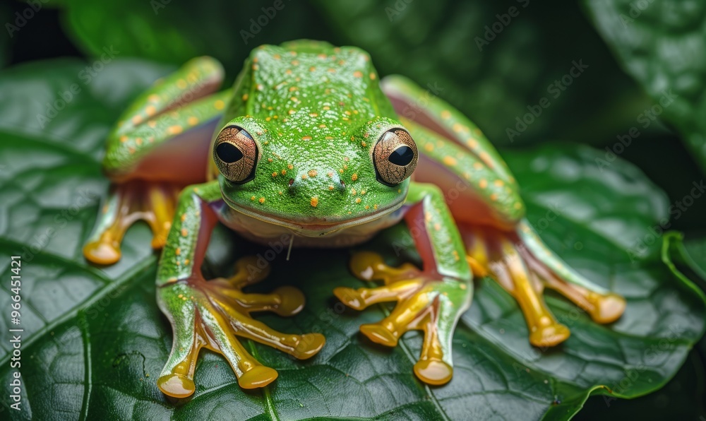 Obraz premium Overhead view of a green white-lipped tree frog (Nyctimystes infrafrenatus) on a leaf