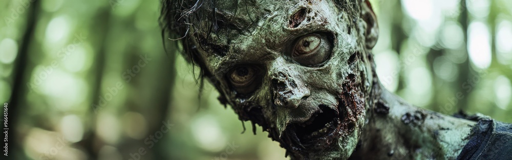 A close-up of a grotesque zombie in a forest setting, highlighting horror elements. A close-up of a grotesque zombie in a forest setting, highlighting horror elements.