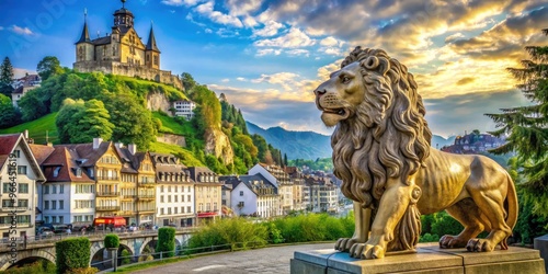 Majestic stone lion monument stands proudly in Lucerne's old town, symbolizing bravery and loyalty, surrounded by lush greenery and historic buildings in the Swiss Alps. photo