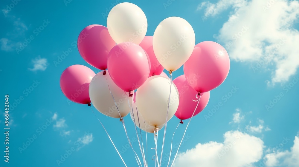 A cluster of pink and white balloons floating against a soft blue background in a festive setting A cluster of pink and white balloons floating against a soft blue background in a festive setting