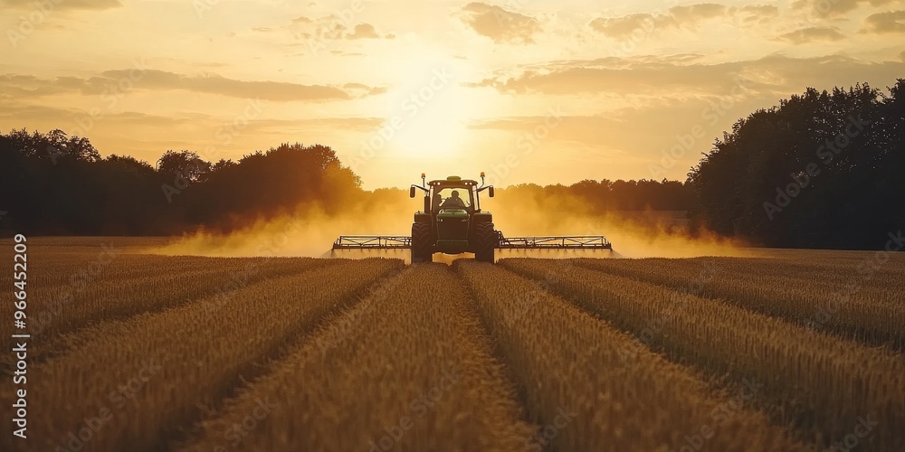 Fototapeta premium Tractor spraying crops in lush green fields during golden hour at a rural agricultural site