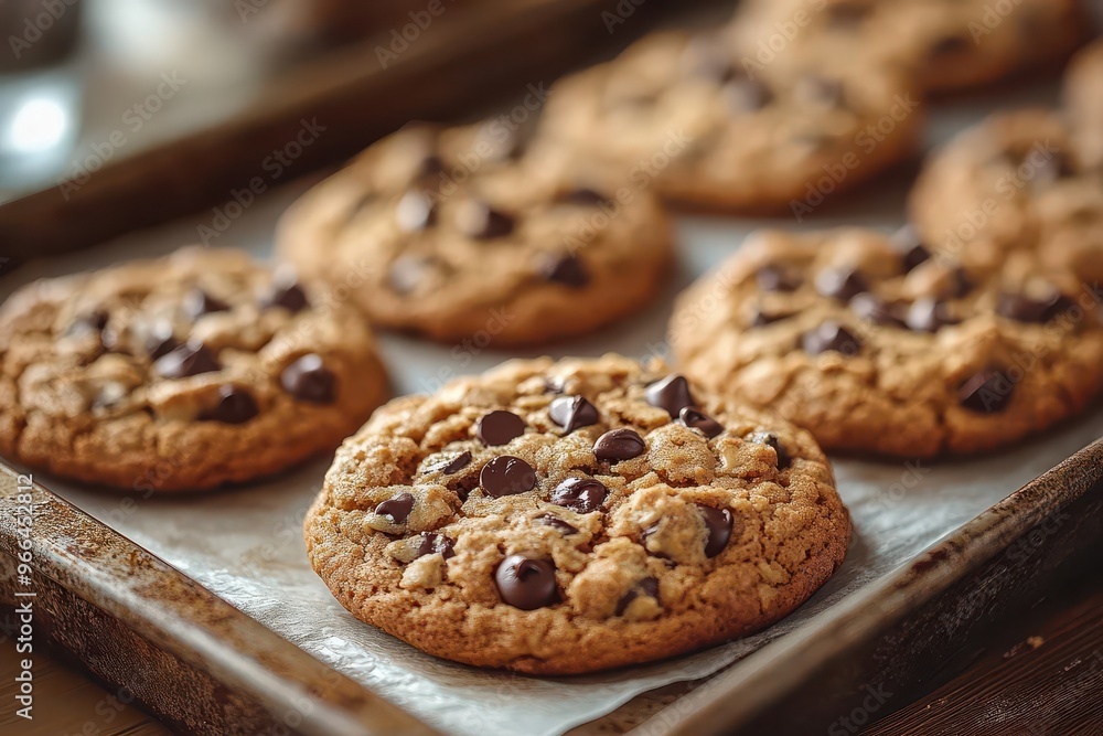 goldenbrown oatmeal chocolate chip cookies on rustic baking tray warm lighting tempting closeup homemade comfort goldenbrown oatmeal chocolate chip cookies on rustic baking tray warm lighting tempting closeup homemade comfort