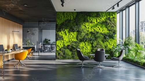 Wall decorated with stabilized moss in an eco-friendly office