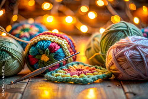 A bunch of colorful yarns are laid out on a wooden table. A crochet hook is sitting on top of the yarns. The yarns are arranged in a way that they look like a colorful flower photo