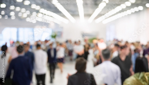 Blur, defocused background of public exhibition hall. Business tradeshow, job fair, or stock market. Organization or company event, commercial trading, or shopping mall marketing advertisement concept photo