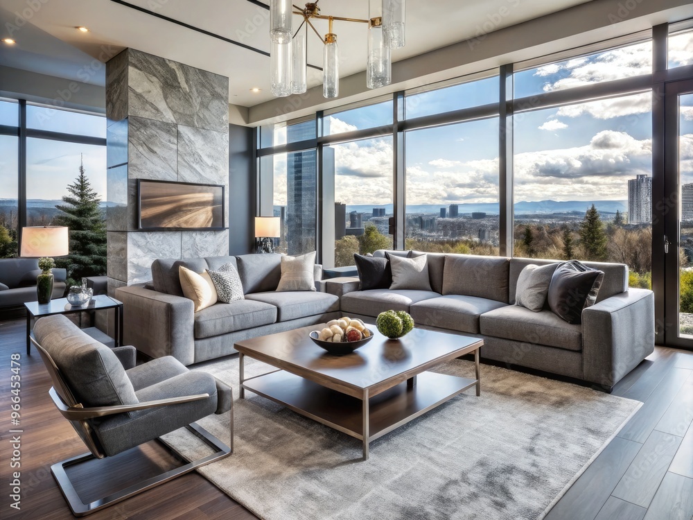 Fototapeta premium Modern Calgary living room featuring sleek grey sofas, marble coffee table, and floor-to-ceiling windows, beautifully styled by a professional interior design team.