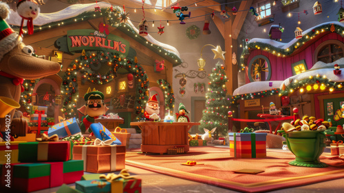 Santa's Workshop: A playful and whimsical background featuring Santa Claus's workshop with toy-making elves, colorful toys, and festive decorations.