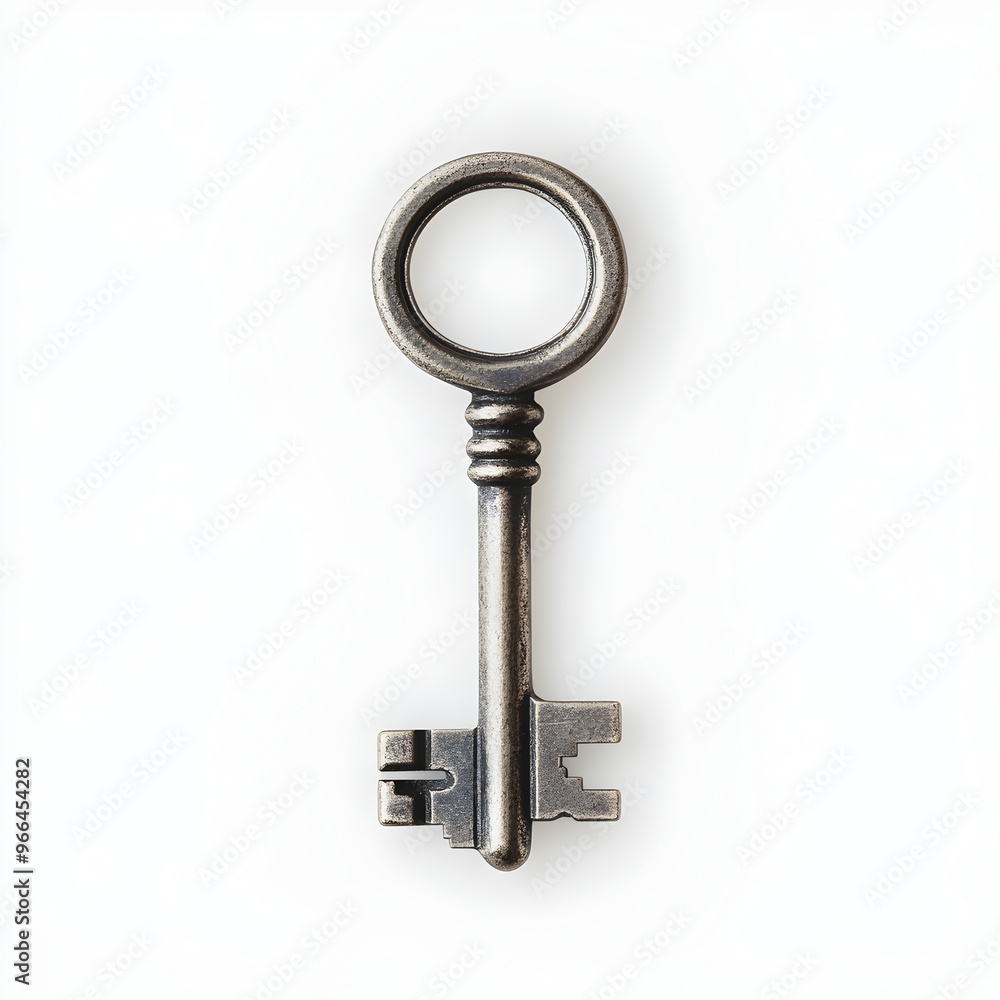 Antique silver skeleton key with a rustic finish, representing heritage, history, and secrets, isolated on a clean white background Antique silver skeleton key with a rustic finish, representing heritage, history, and secrets, isolated on a clean white background