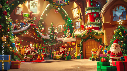 Santa's Workshop: A playful and whimsical background featuring Santa Claus's workshop with toy-making elves, colorful toys, and festive decorations.