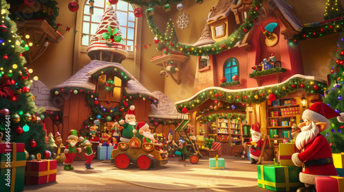 Wallpaper Mural Santa's Workshop: A playful and whimsical background featuring Santa Claus's workshop with toy-making elves, colorful toys, and festive decorations. Torontodigital.ca