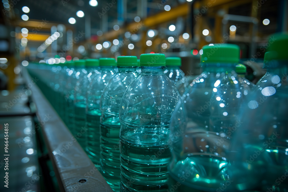 A line of plastic water bottles moving along a conveyor belt, perfect for projects related to production, manufacturing, or consumer goods. A line of plastic water bottles moving along a conveyor belt, perfect for projects related to production, manufacturing, or consumer goods.