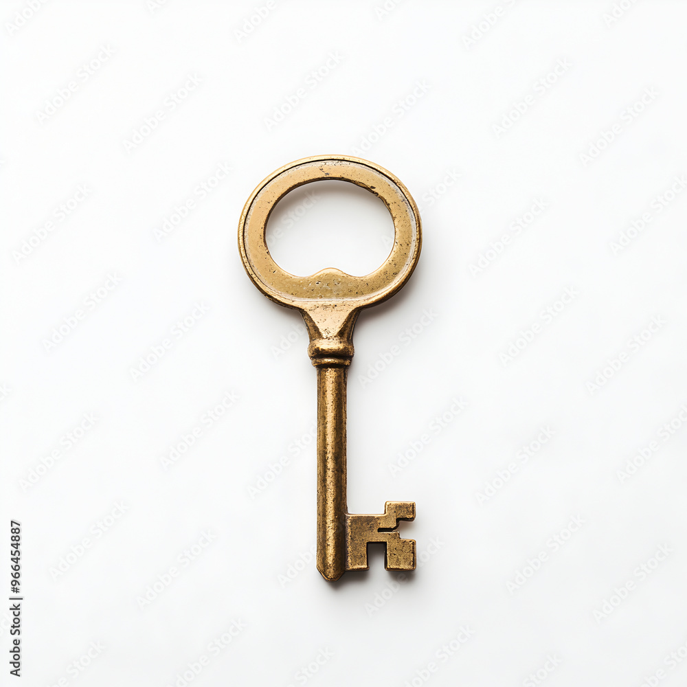 Antique brass skeleton key with a circular head and rustic finish, representing heritage, unlocking secrets, and security, isolated on a white background Antique brass skeleton key with a circular head and rustic finish, representing heritage, unlocking secrets, and security, isolated on a white background
