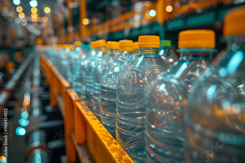 A line of plastic water bottles moving along a conveyor belt, perfect for projects related to production, manufacturing, or consumer goods.